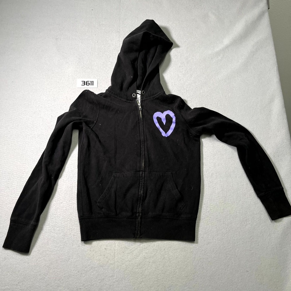 Victoria's Secret PINK Hoodie Women XS Black Full Zip Love Heart Graphic Cotton‎